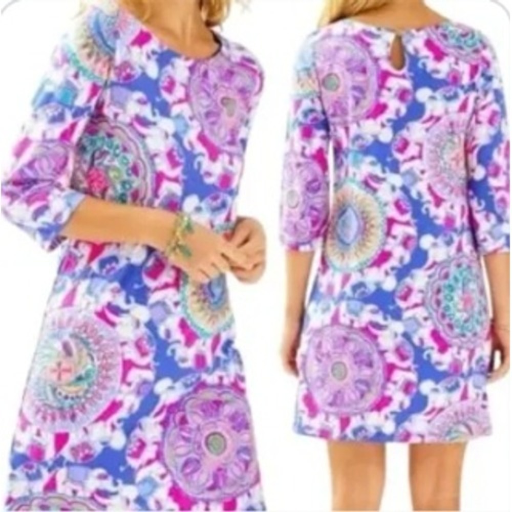 Lilly Pulitzer Elephant Mandala Pima Cotton Shift Dress Blue Pink XXS